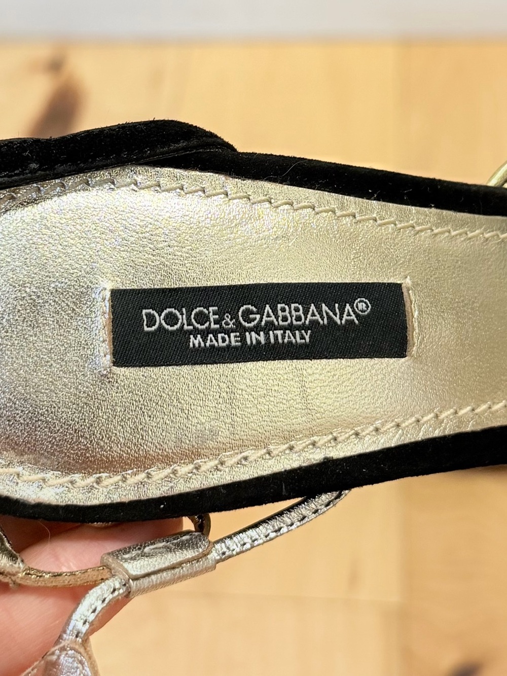 Dolce & Gabbana Women’s Metallic Leaf Appliqué Suede Leather Wedge Sandal - Picture 8 of 9